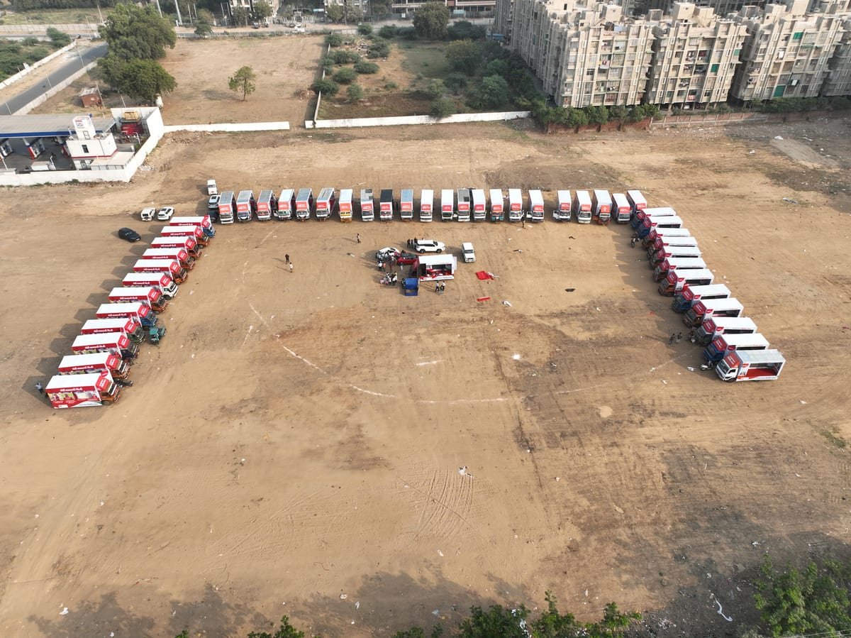 Aerial view of IEC campaign vans parked in formation on open ground