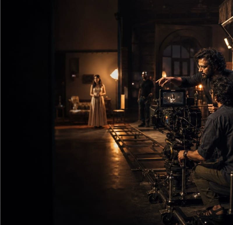 A camera operator and actor on a lit film set during a shoot