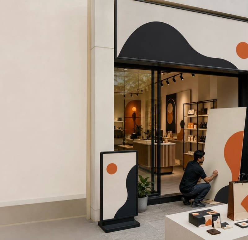 A branded retail storefront with graphic panels being installed