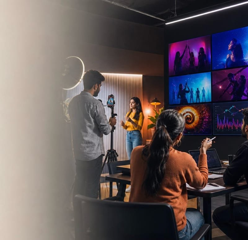 A content studio with creators filming in front of a video wall
