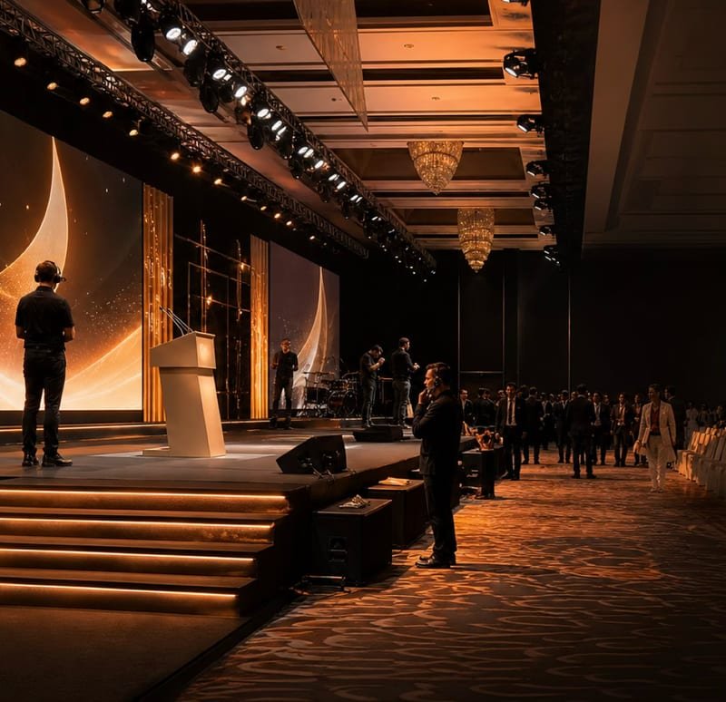 An empty event stage with architectural lighting before a show