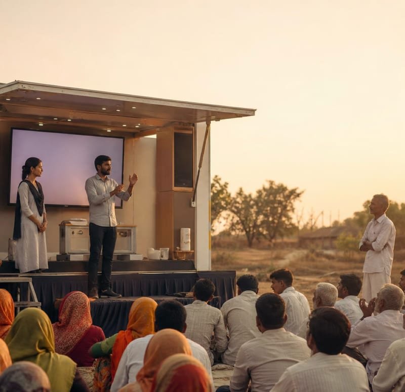 A presenter addresses a seated village audience beside an LED campaign van at dusk